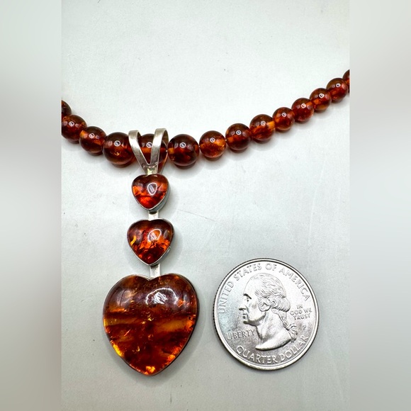Jay King Sterling Silver Amber Heart Pendant Beaded Necklace - Picture 4 of 5